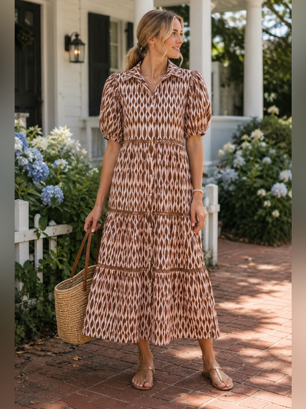Marigold by Victoria Dunn Pink Brown Geometric Tiered Shirt Dress XL NWT